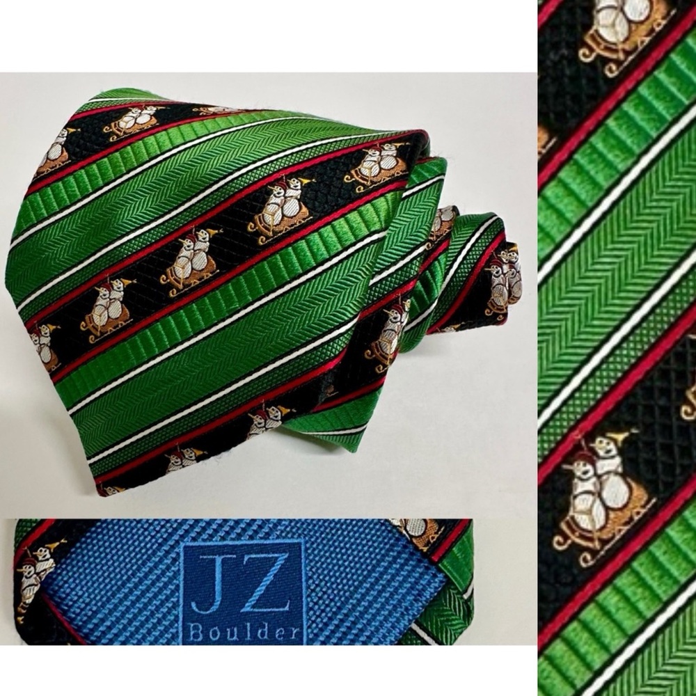 🎄Sledding Snowman JZ Richard’s Boulder Striped Holiday Extra Long Silk Tie 3.75”